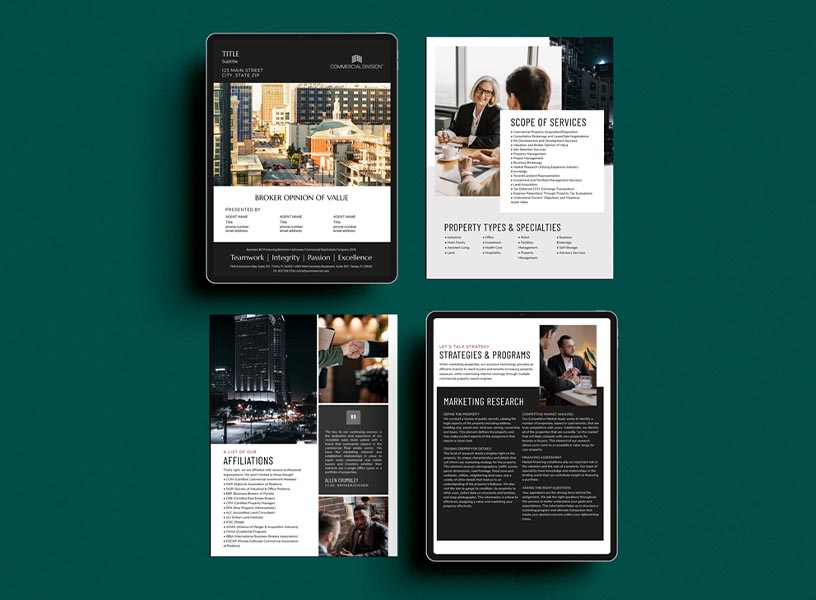 mock up of Broker Opinion of Value (BOV) from BHHS Florida Properties Group's Commercial Division on ipad and printed paper mock up of Broker Opinion of Value (BOV) from BHHS Florida Properties Group's Commercial Division on ipad and printed paper